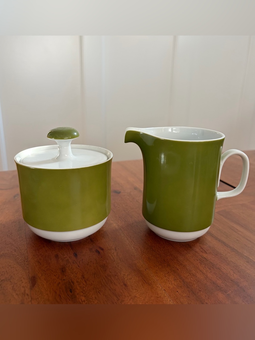 Vintage Sango Aquarius Avocado Green Sugar Bowl & Creamer 1970s Japan Mod MCM